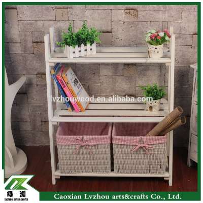 White concise wood book rack / magazine shelf with 2 basket